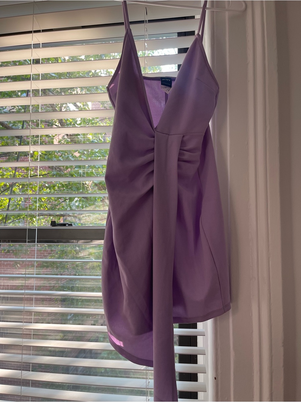 privy Lilac Twist-Front Spaghetti-Strap Mini Dress